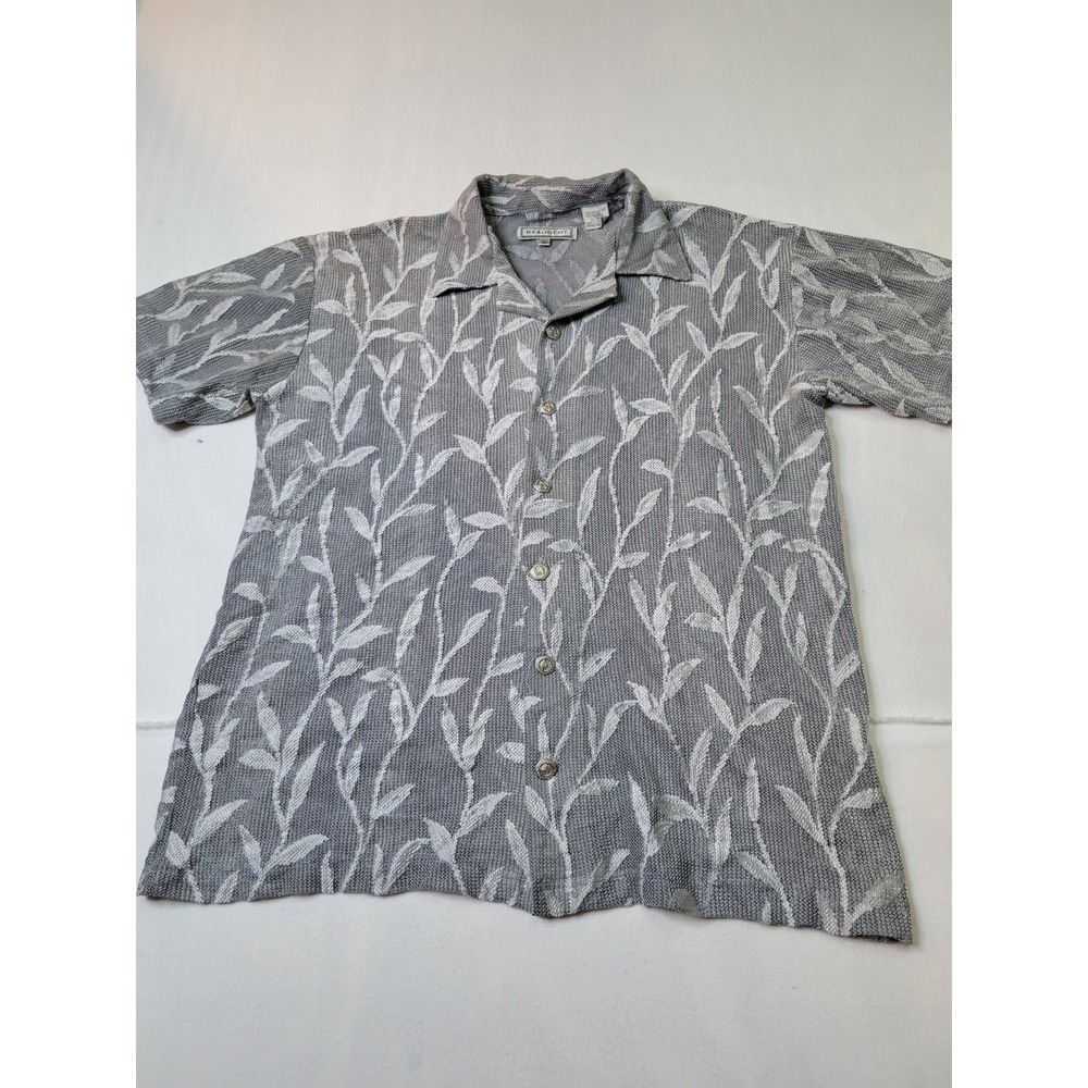 Beaugent Mens XL Gray Leaf Mesh Knit Button Down Shirt Lion Head Buttons 2421